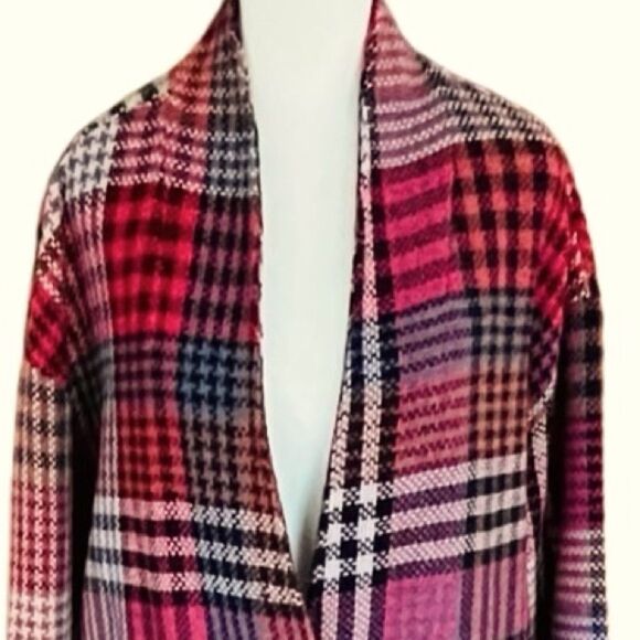 Rachel Zoe pink plaid tweed collarless snap front jacket size L. - Picture 2 of 8